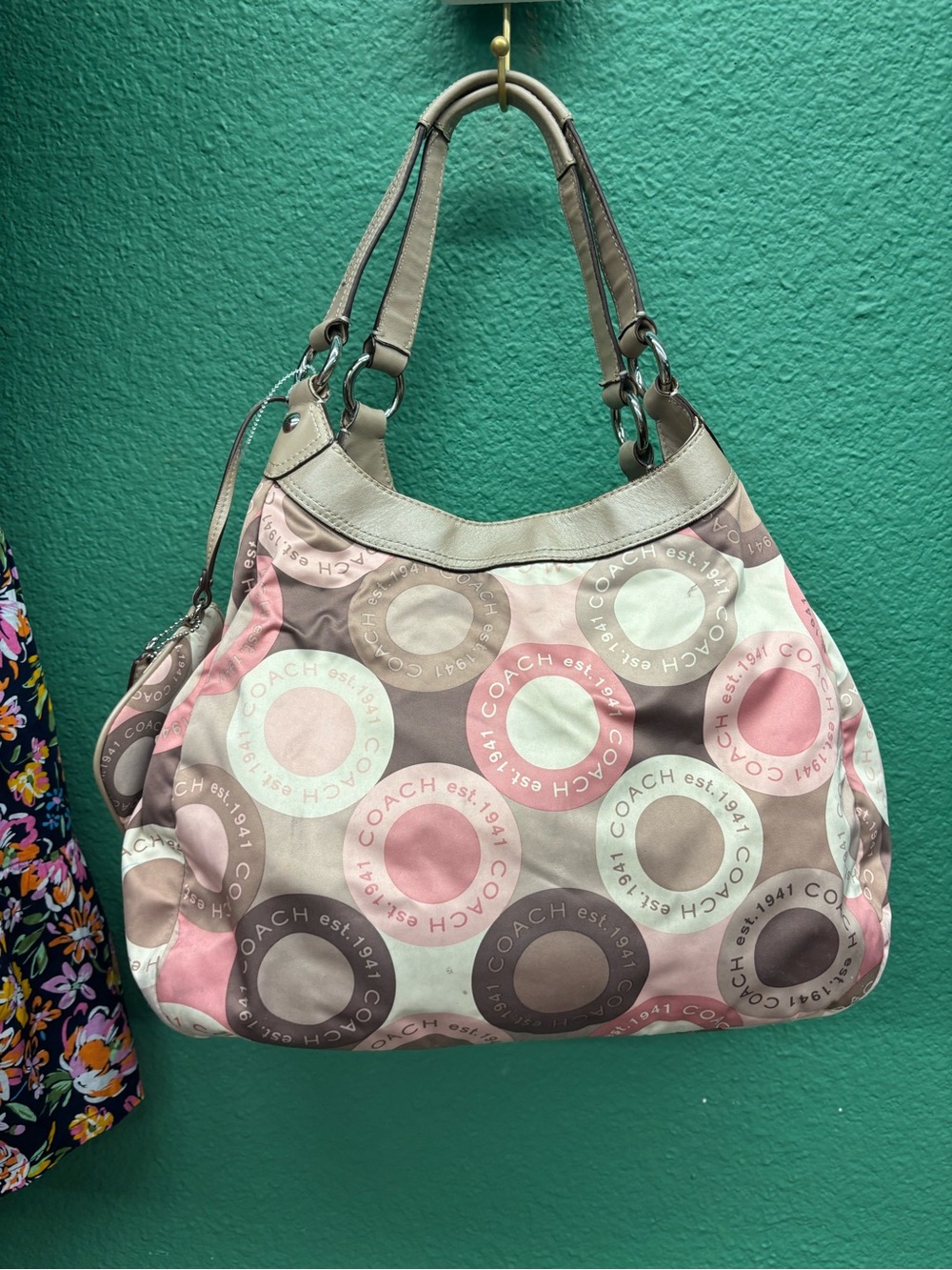 Coach Pink, Taupe & Cream Circle Signature Shoulder Bag - Picture 2 of 8